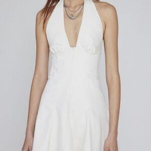 UO Hailey White Halter Denim Mini Dress